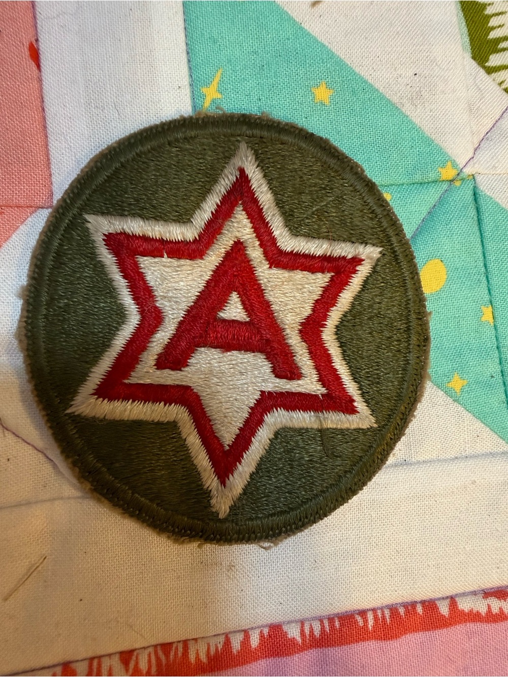 Green Round Star 'A' Embroidered Patch - Red & Cream Accents